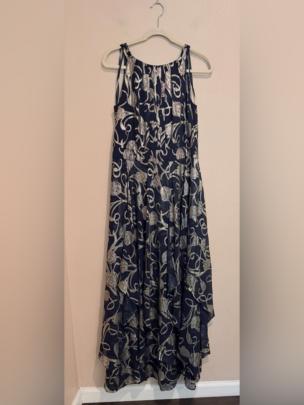 Gorgeous Navy & Metallic Gold Floral Flowy Evening Gown, Greek Goddess Vibes